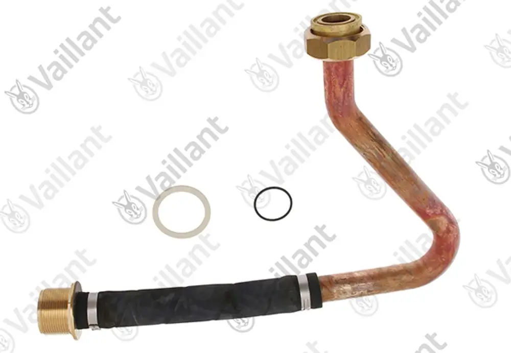 Vaillant Rohr mit einer gebogenen Form und zwei Anschlüssen, begleitet von Dichtungen in verschiedenen Größen. Entwurf für den Pumpenauslass.
